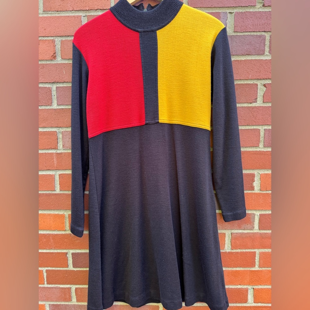 Vtg Karin Stevens Color Block Dress Long Sleeve Mock Neck Retro Mod Geometric- M